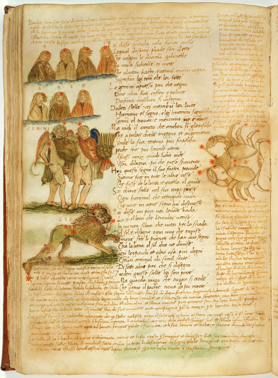 Ms Ital 483 P.4.7 f.156v Fazio degli Uberti (vellum) の「Dittamondo」からのジェミニ、レオ、ガン 作： イタリア語学校