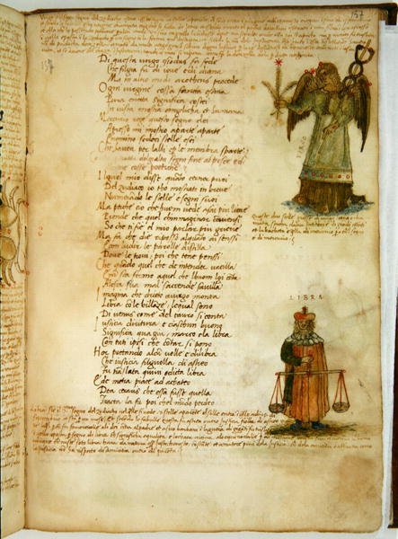 Ms Ital 483 P.4.7 f.157r 乙女座とてんびん座、Fazio degli Uberti (vellum) の「Dittamondo」より 作： イタリア語学校
