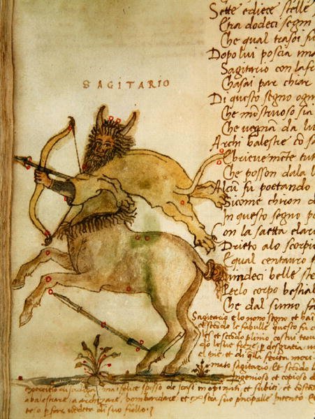 Ms Ital 483 P.4.7 f.157v 射手座、Fazio degli Uberti (vellum) の「Dittamondo」より 作： イタリア語学校