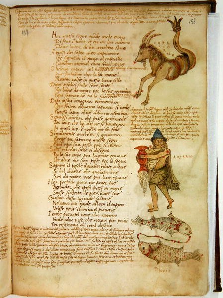 Ms Ital 483 P.4.7 f.158r 山羊座、水瓶座、魚座、ファツィオ デッリ ウベルティ作「ディッタモンド」より (ベラム) 作： イタリア語学校