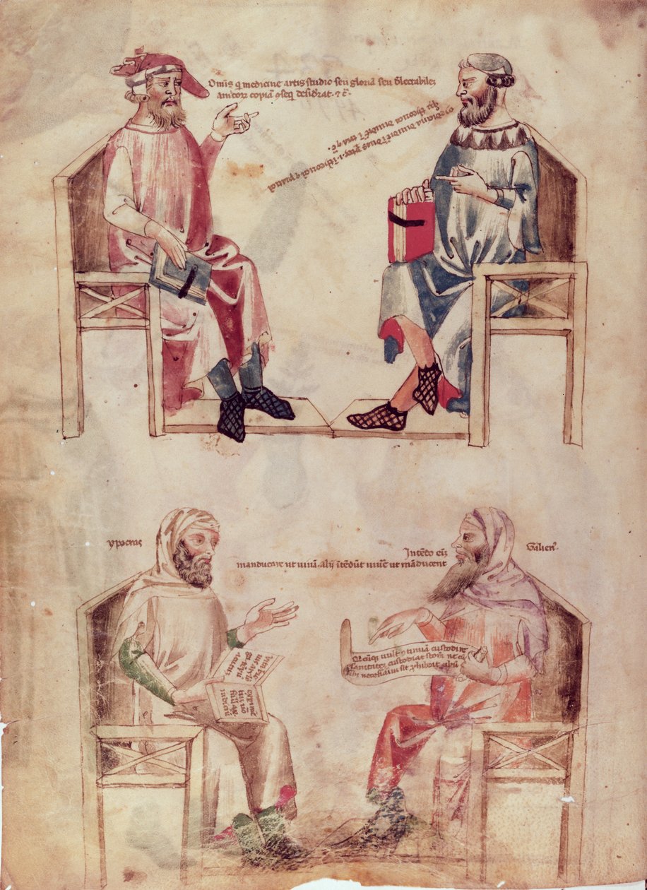MS 6823 fol.1v Galen（c.460-c.377 BC）とHunayn ibn Ishaq（808-73）およびHippocrates and Galen（c.201-C.131）は、インペリアル山脈のマンフレッドによるハーブから、c .330-40 作： イタリア語学校