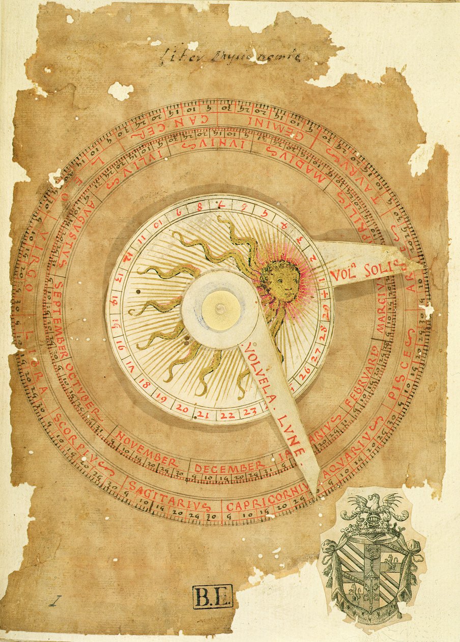 Ms Lat 696 W.8.20 fol.1r 日時計カレンダー、「Liber Physiognomiae」より、1440 年頃（ベラム） 作： イタリア語学校