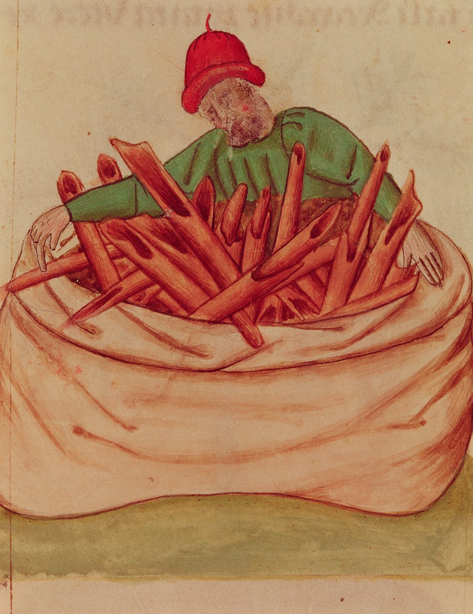 Ms Lat 993 L.9.28 Fol.36v シナモンの商人、「Tractatus de Herbis」より Dioscorides (vellum) 作： イタリア語学校