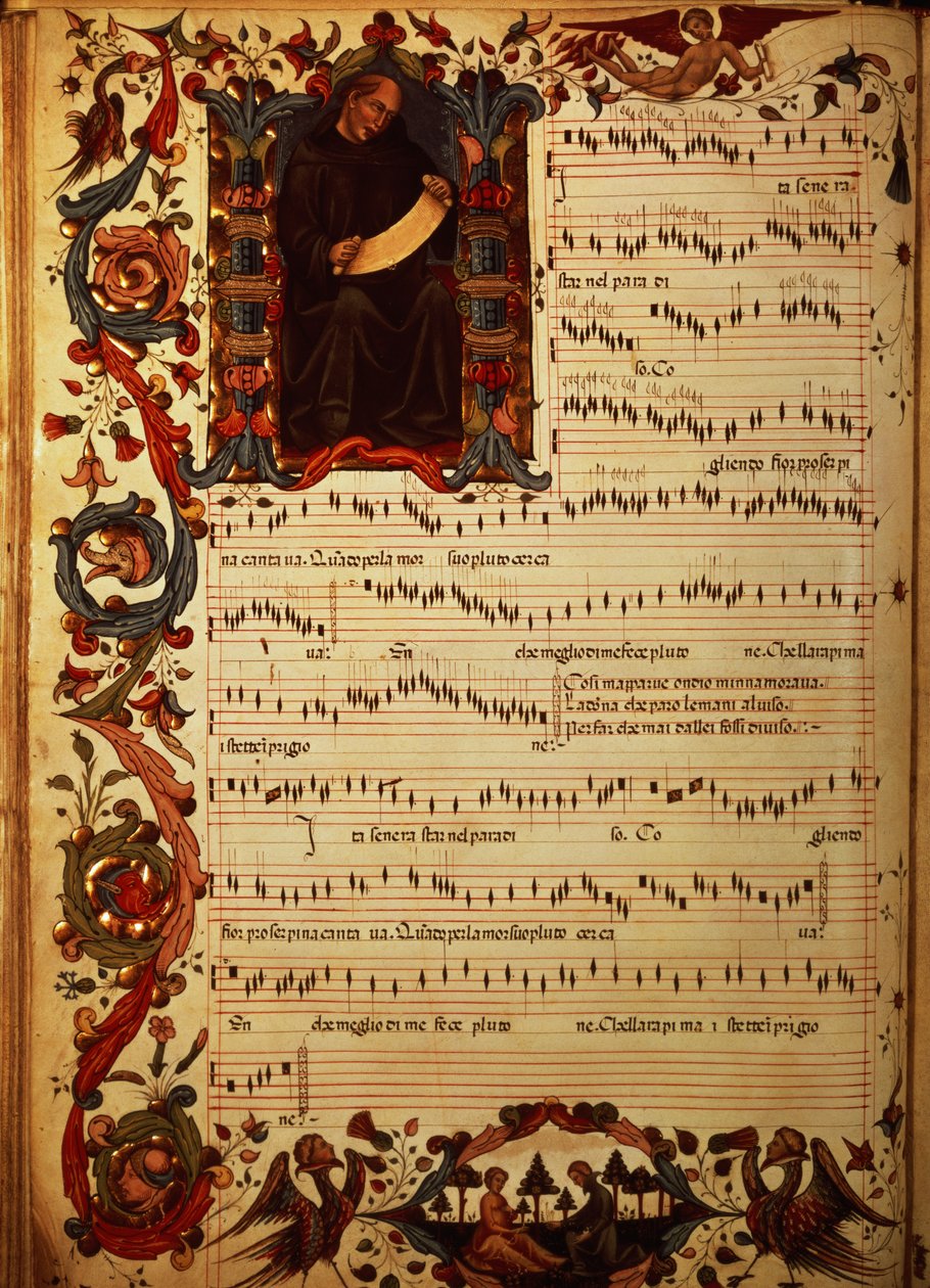 メッドさん パル。 S. Maria degli Angeli (vellum) のフィレンツェ修道院で制作された Squarcialupi Codex からの歴史的なイニシャルを含む 87 ページの楽譜 作： イタリア語学校