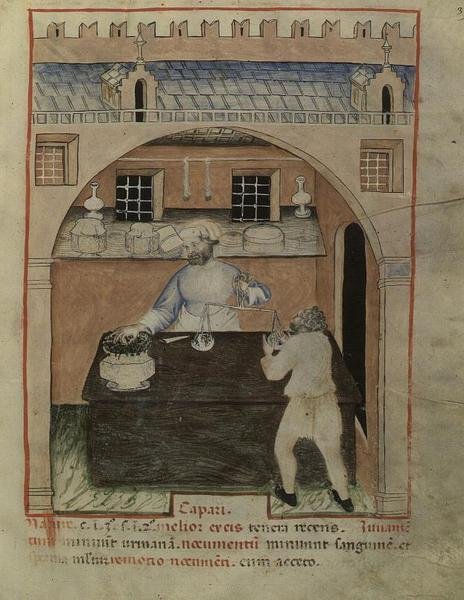 Nouv Acq Lat 1673 fol.39 『Tacuinum Sanitatis』より「干し肉を売る人」（1390-1400年頃、ベラム製） 作： イタリア語学校
