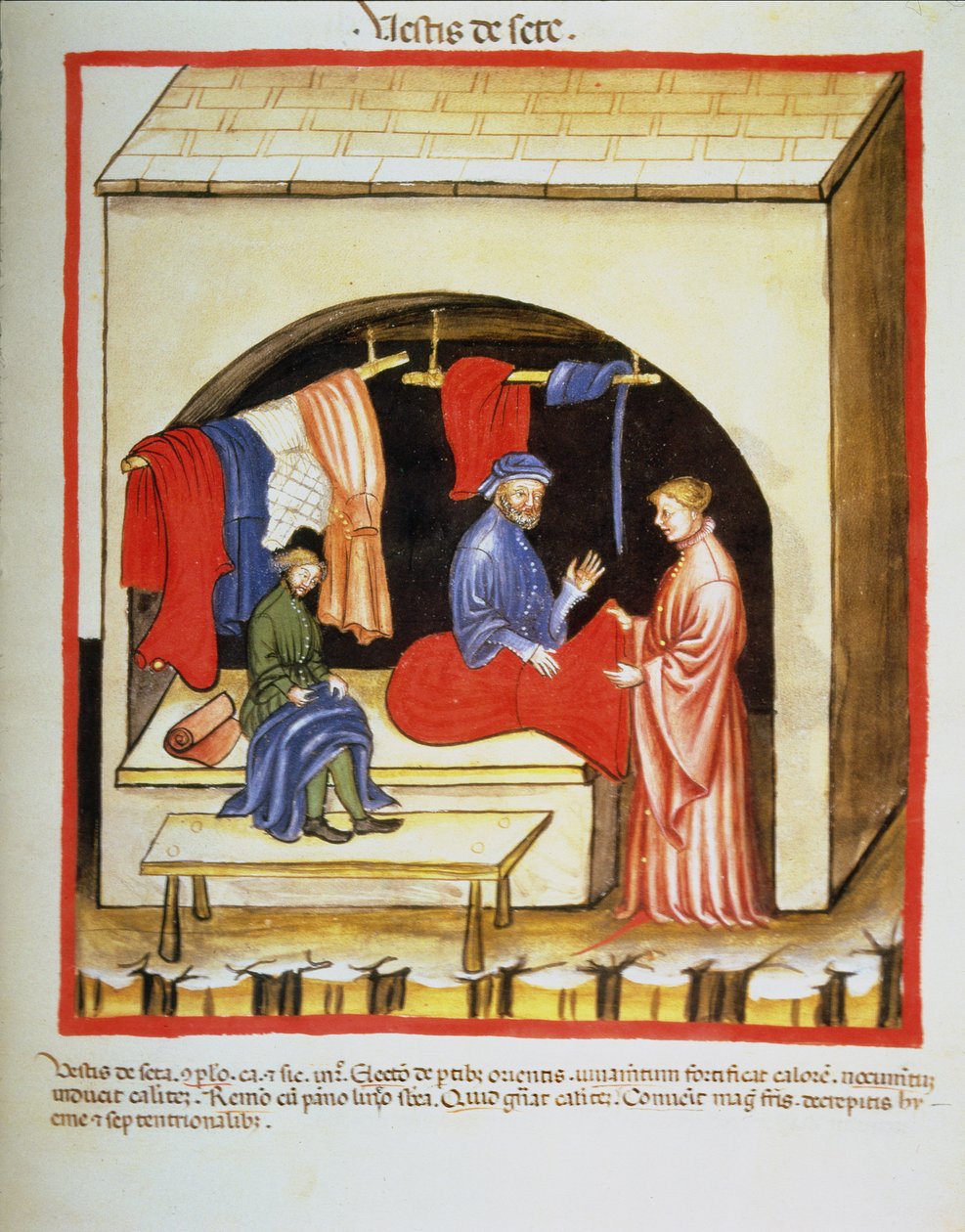 Nova 2644 fol.106r The Tailors Shop：Tacuinum Sanitatisのシルクの服 作： イタリア語学校