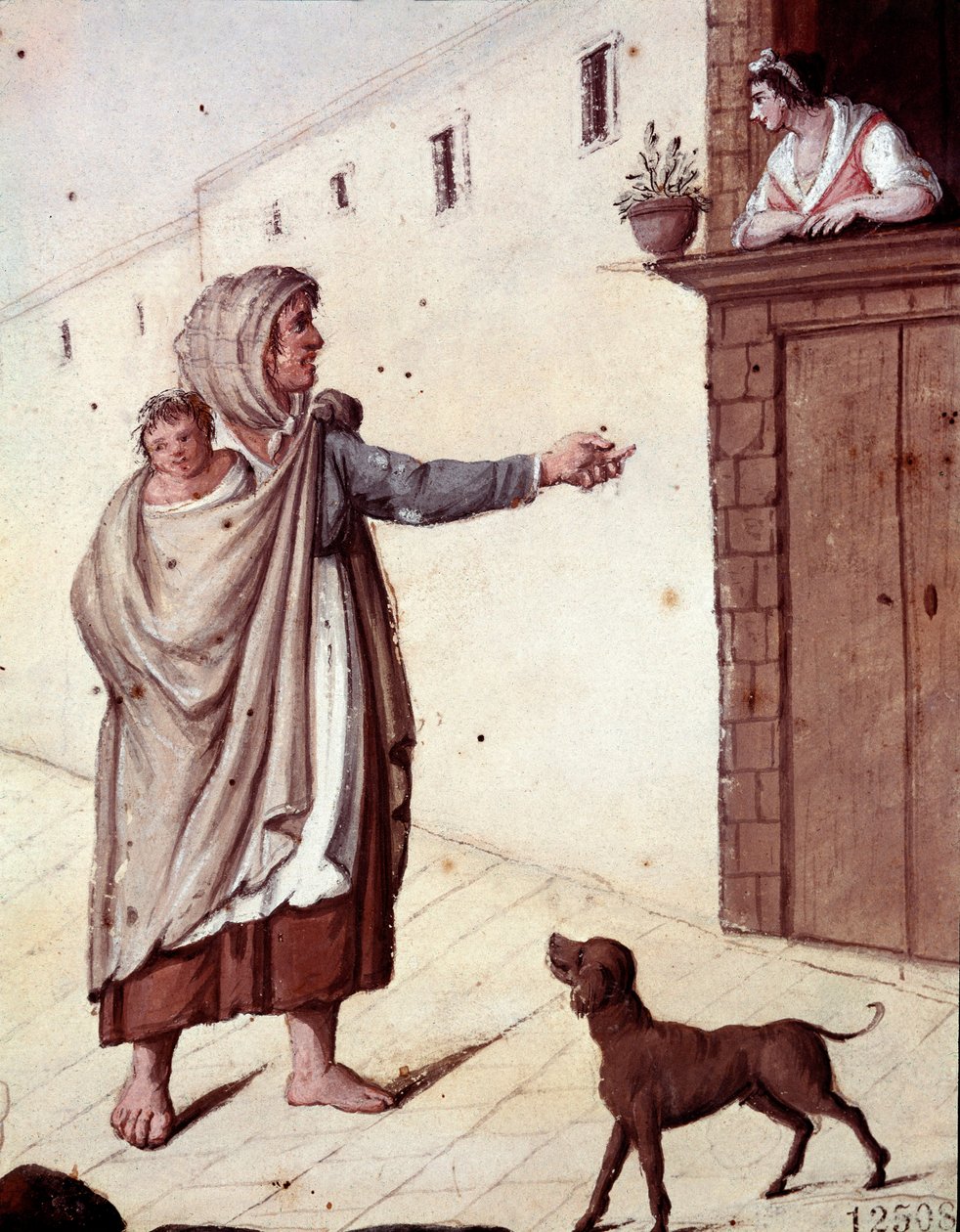 Old Neapolitan metiers: a beggar and her child in the streets of Naples - (ナポリの古い商売：乞食) 19世紀の水彩画 - Naples Museo Nazionale di San Martino 作： イタリア語学校