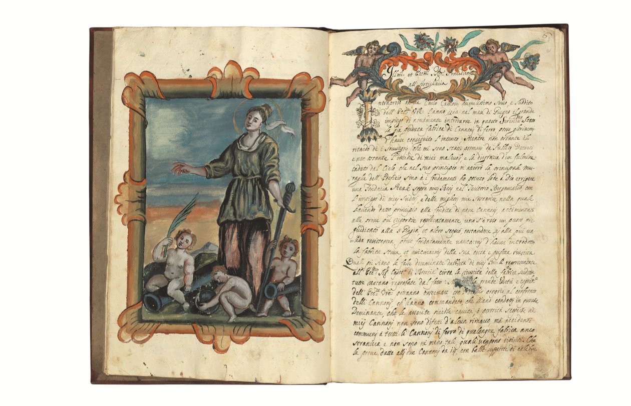 カルロ・カモッツィ・ディ・ベルガモ（fl.1712）著「ヴェネツィア共和国のための鉄砲製造について」、イタリア語とラテン語、紙に絵入り写本、ヴェネツィア、18世紀前半（紙にインクと彩色） 作： イタリア語学校
