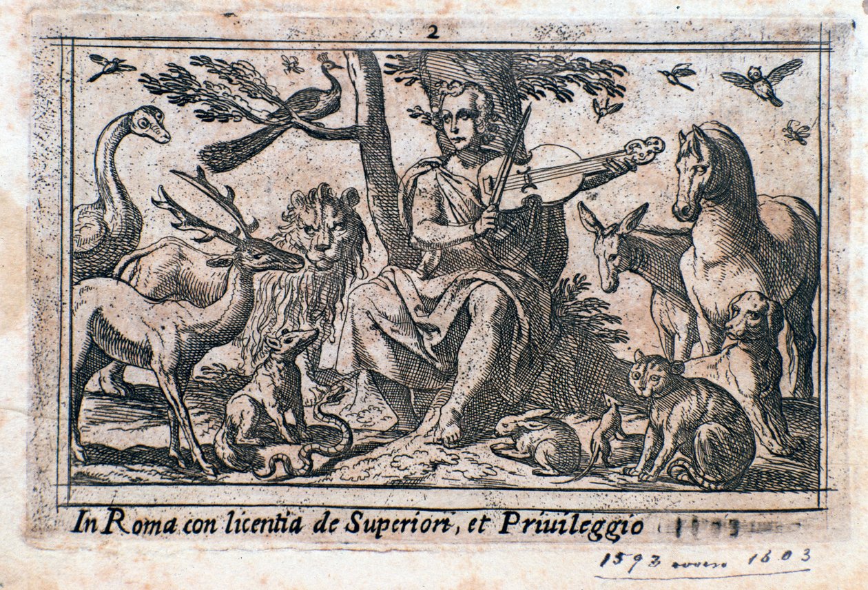 動物と戯れるオルフェウス。(木版画 作： イタリア語学校