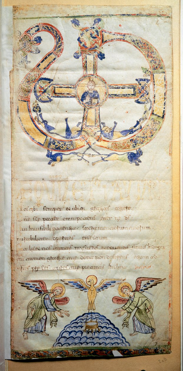 前夜祭で行うべき祈りと儀式を記した教皇庁のページ（Ms.724/1-Carta3） 10世紀の写本です。ローマ、ビブリオテカ・カサナテンセ 作： イタリア語学校