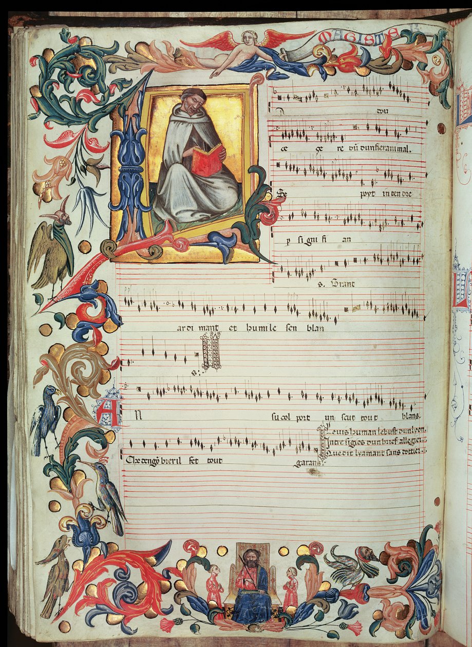 S. Maria degli Angeli (ベラム) のフィレンツェ修道院で作成された、Squarcialupi Codex からの歴史的なイニシャルを含む楽譜のページ 作： イタリア語学校