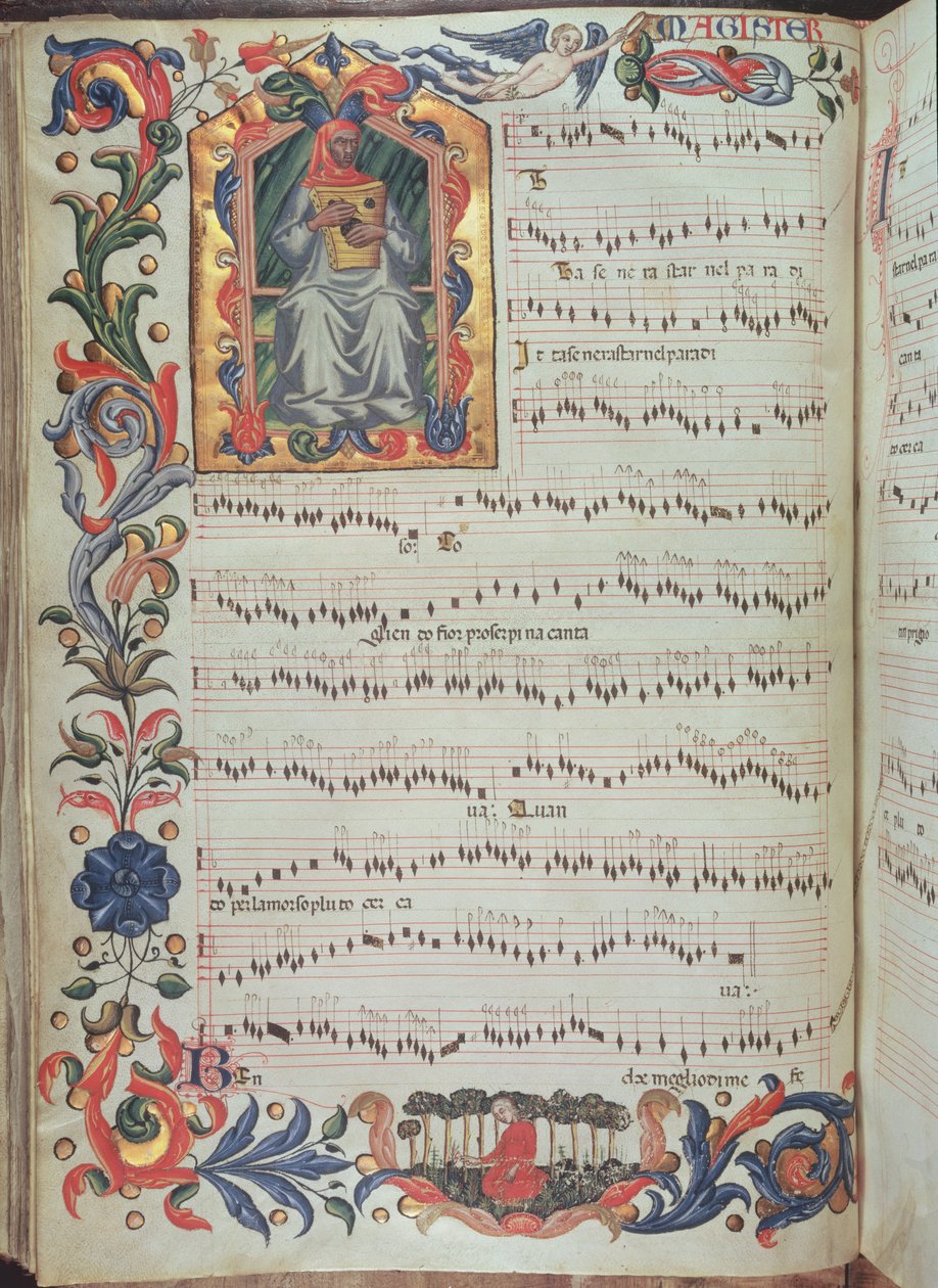 S. Maria degli Angeli (ベラム) のフィレンツェ修道院で作成された、Squarcialupi Codex からの歴史的なイニシャルを含む楽譜のページ 作： イタリア語学校