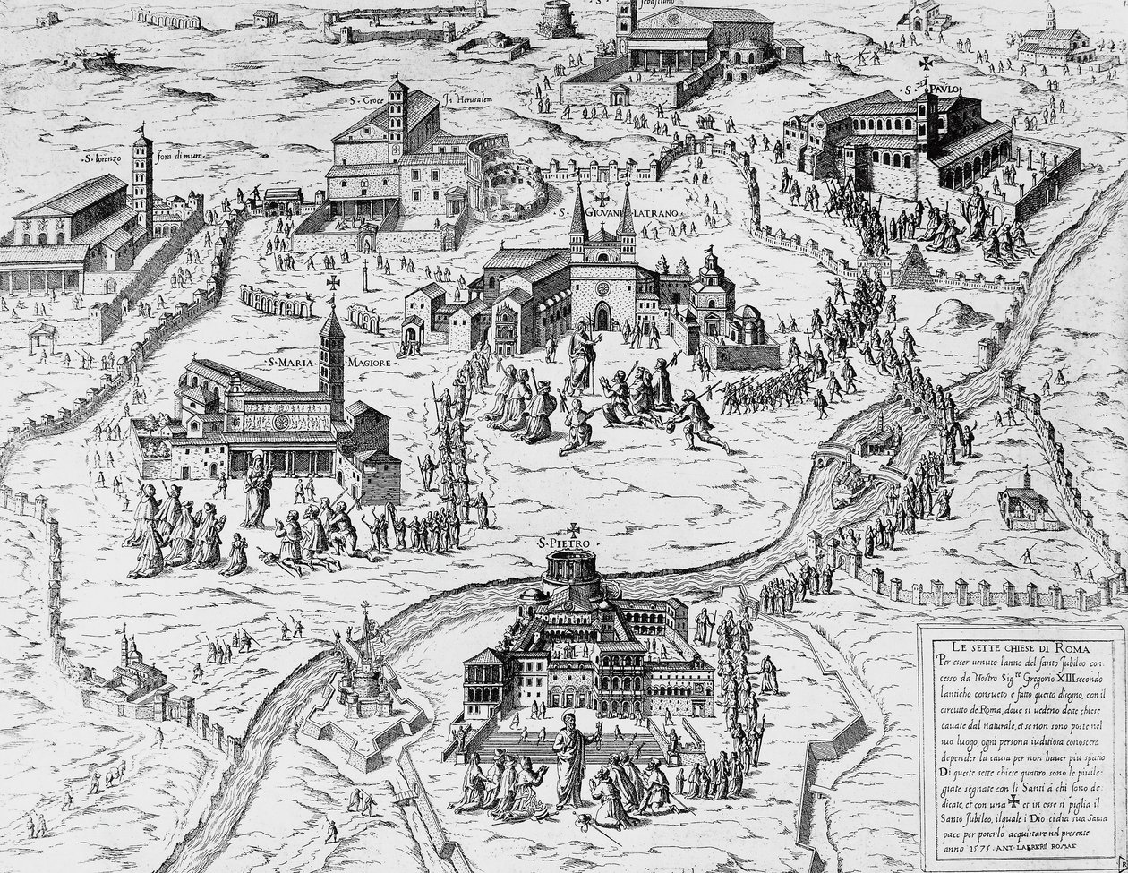 1575年の聖年にローマの7つの教会を訪れた巡礼者たち、イタリア、エングレービング 作： イタリア語学校
