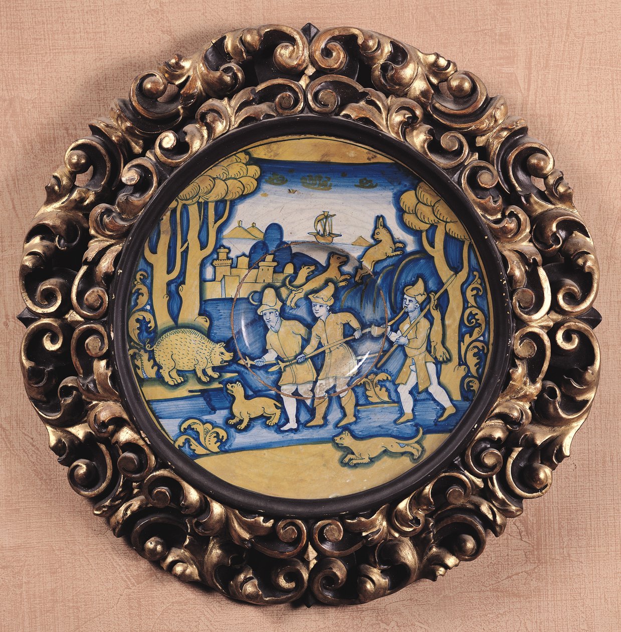 狩猟シーンで飾られたプレート、Deruta Workshop、c.1540-45（maiolica） 作： イタリア語学校