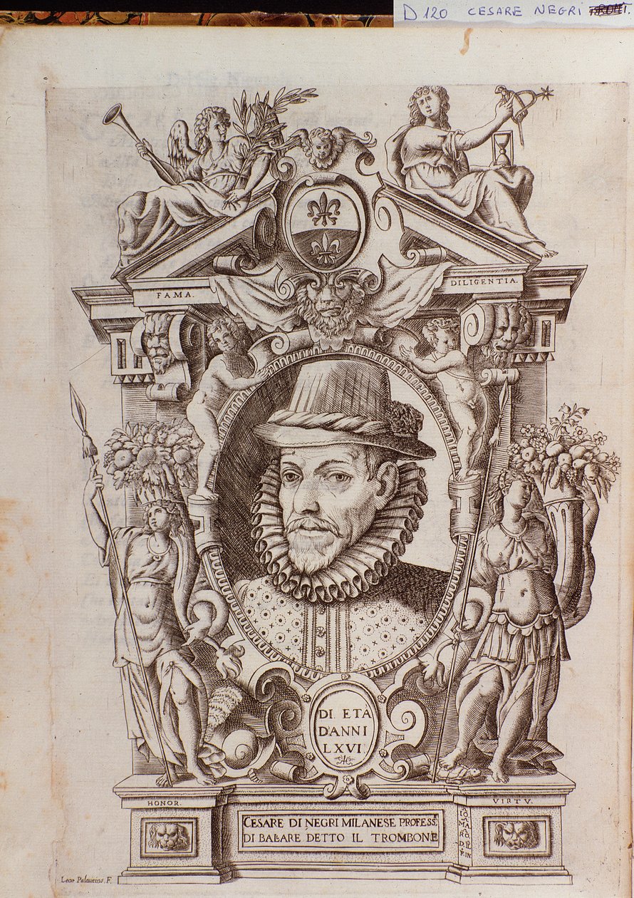 イタリアのダンサー、Il Trombone (1536-1604) と呼ばれる Cesare Black の肖像 作： イタリア語学校