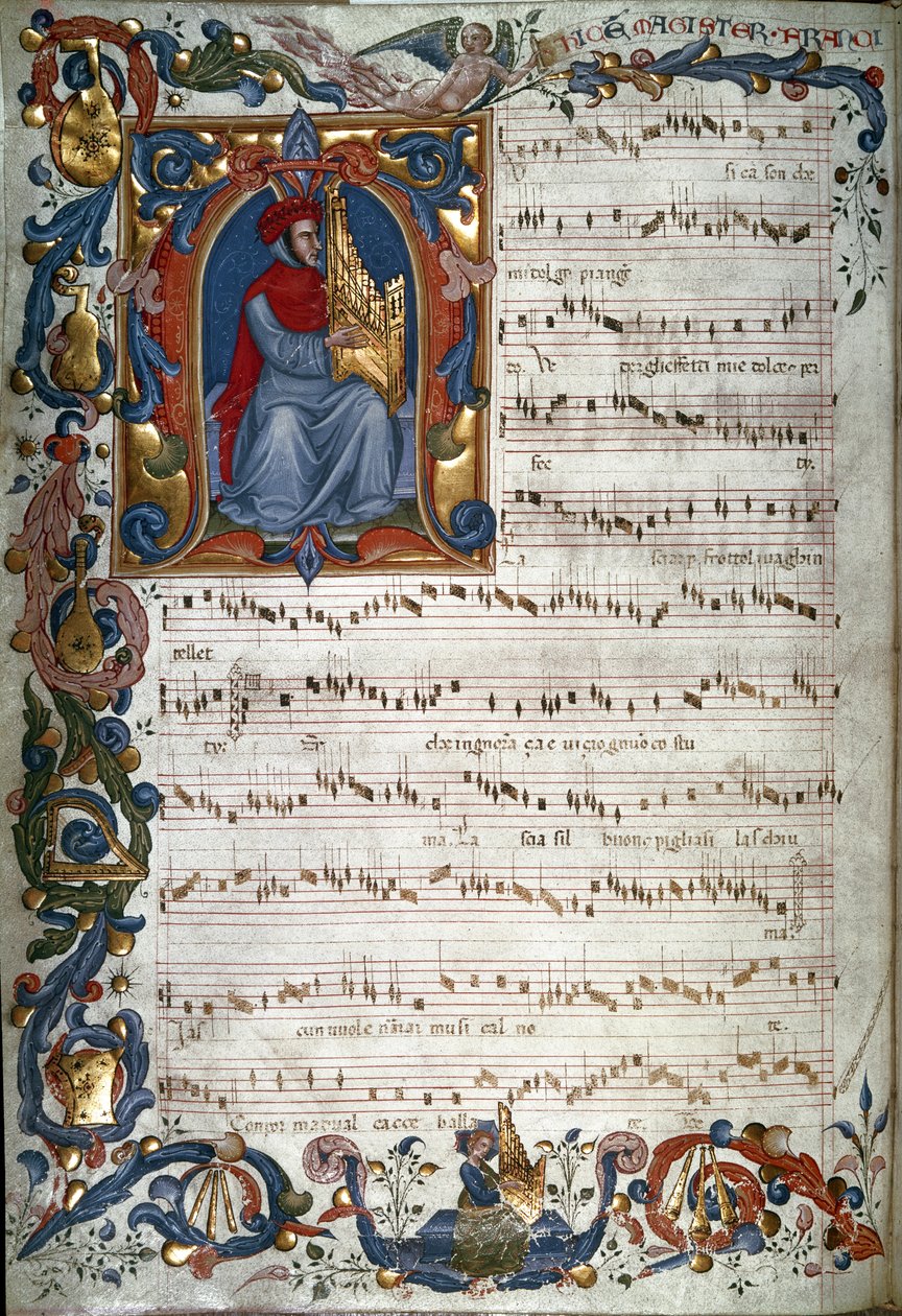 フランチェスコランディーノの肖像画と楽譜、「The Squarcialupi Codex」のイラスト、c.1325-35 作： イタリア語学校