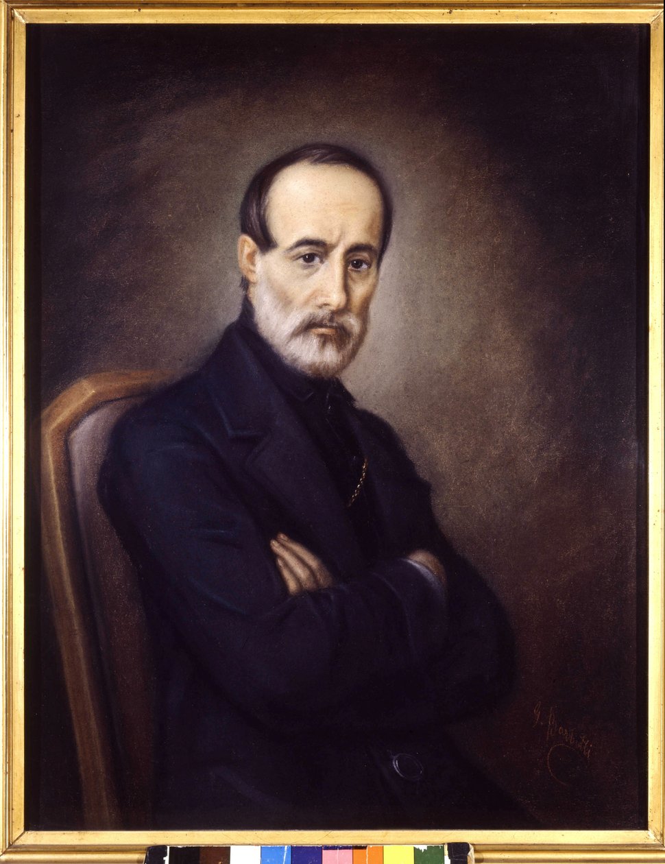 ジュゼッペ・マッツィーニ（1805年または1808年～1872年）の肖像。19世紀の絵画。リソルジメント博物館。ミラノ 作： イタリア語学校