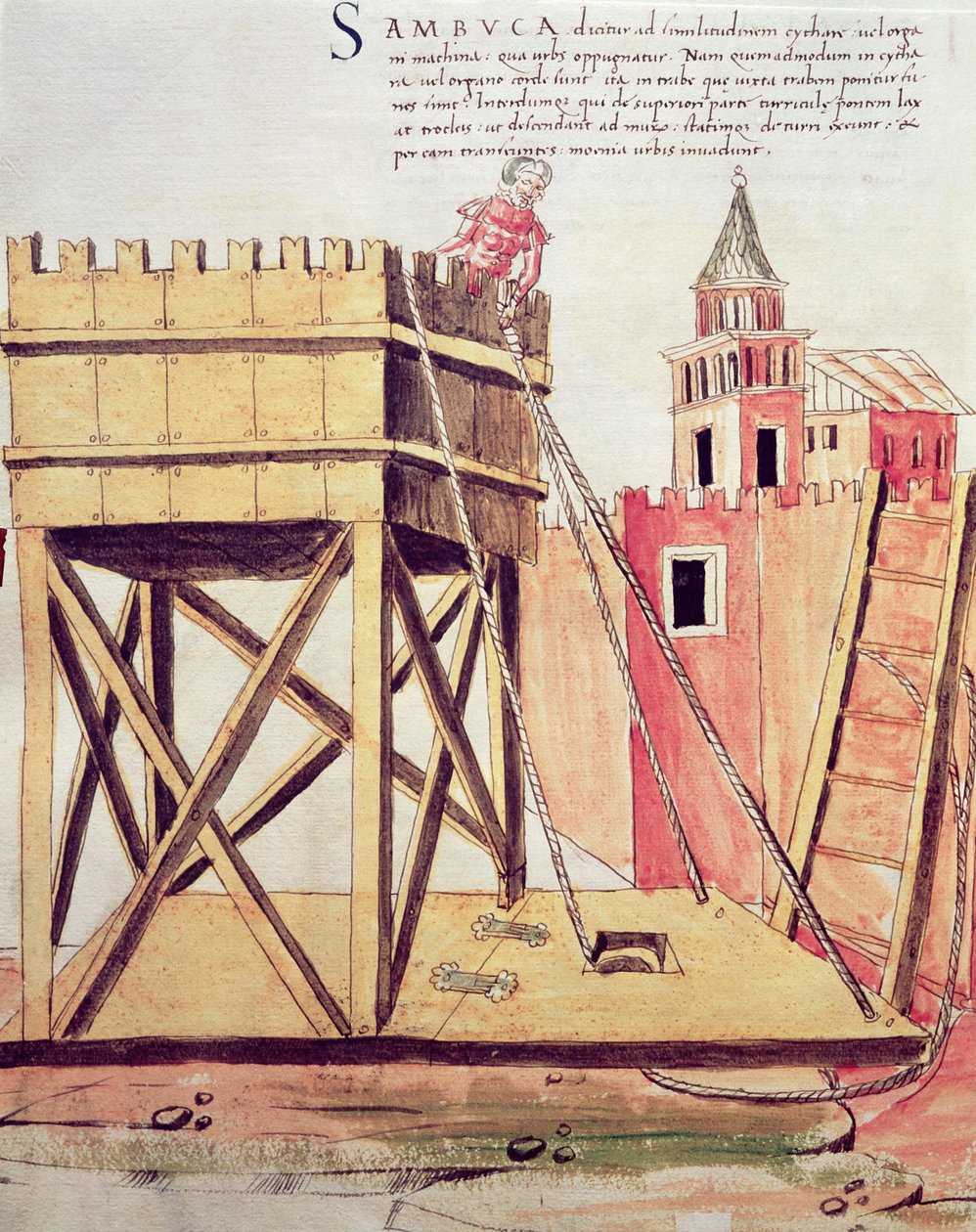 攻城塔のプロジェクト、Roberto Valturio (1405-75) 1470 作「De re Militari」のイラスト (紙にペンとインクと水彩) 作： イタリア語学校
