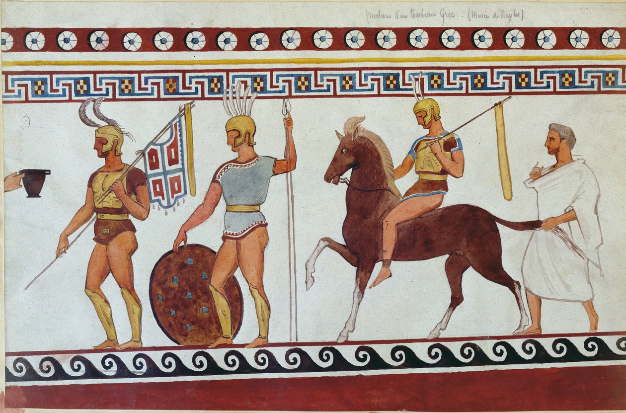 ギリシャの歩兵と騎兵を描いたパエストゥムの墓壁画の復元（186246、119488、444298も参照） 作： イタリア語学校