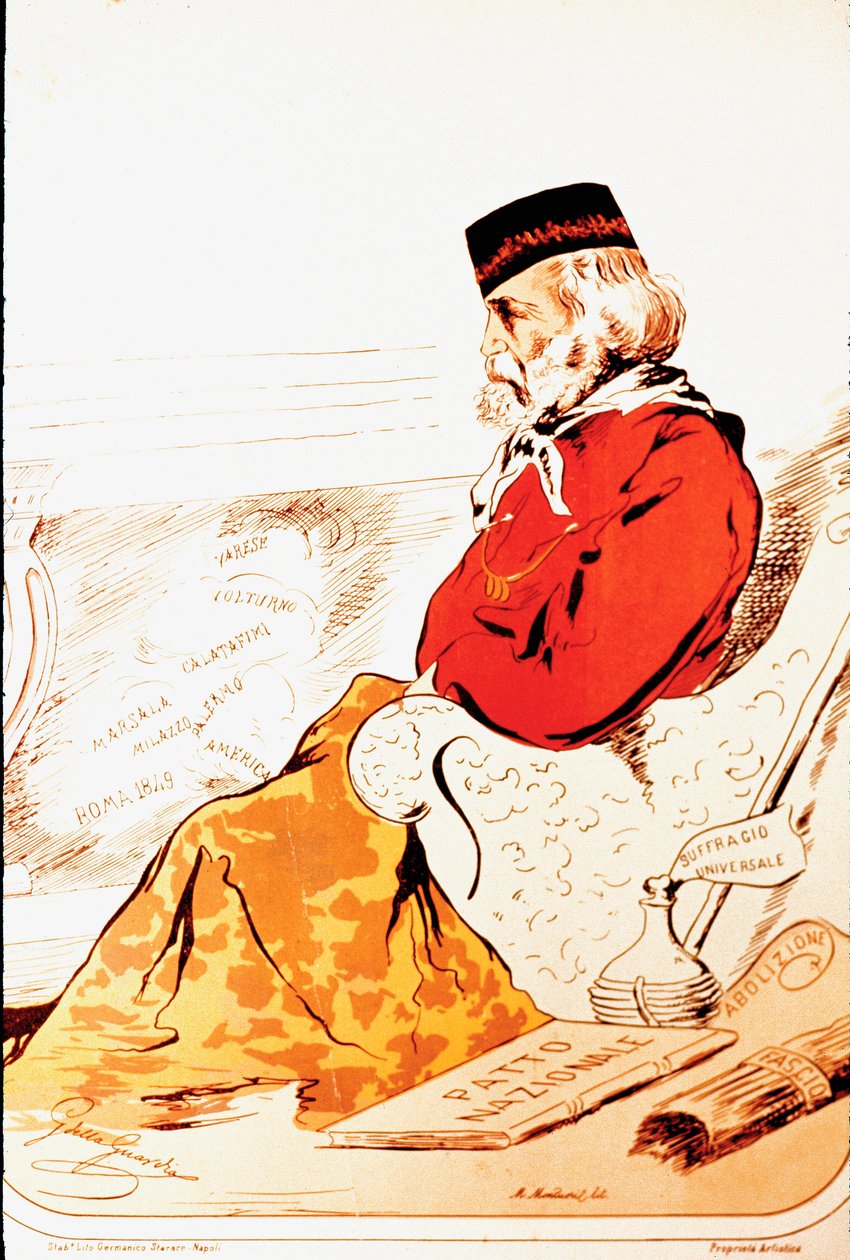 1874年、リソルジメントの英雄とイタリアの愛国者ジュゼッペ・ガリバルディ(1807-1882)の議会権を持つメンバーが表したもの。図面。ローマ、リソルジメント博物館（Museo del Risorgimento 作： イタリア語学校