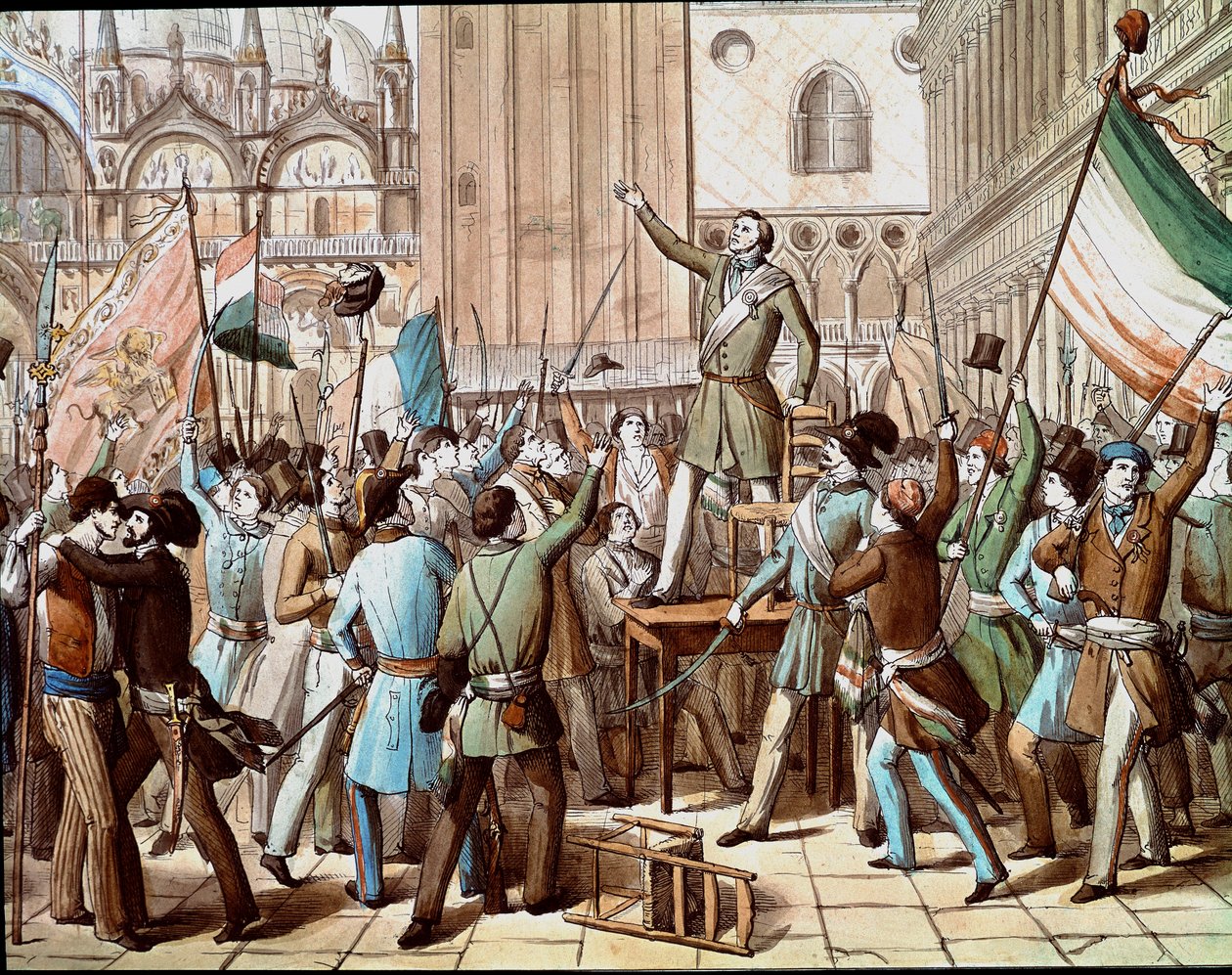 1848年にオーストリアのプレゼンスに対抗してヴェネツィア革命を主導した政治家、ダニエレ・マニン（1808-1857）のリプレゼンテーション：1848年3月のヴェネツィア共和国の宣言。(Proclamation of the Venitian Republic in March 1848, with a representatio 作： イタリア語学校