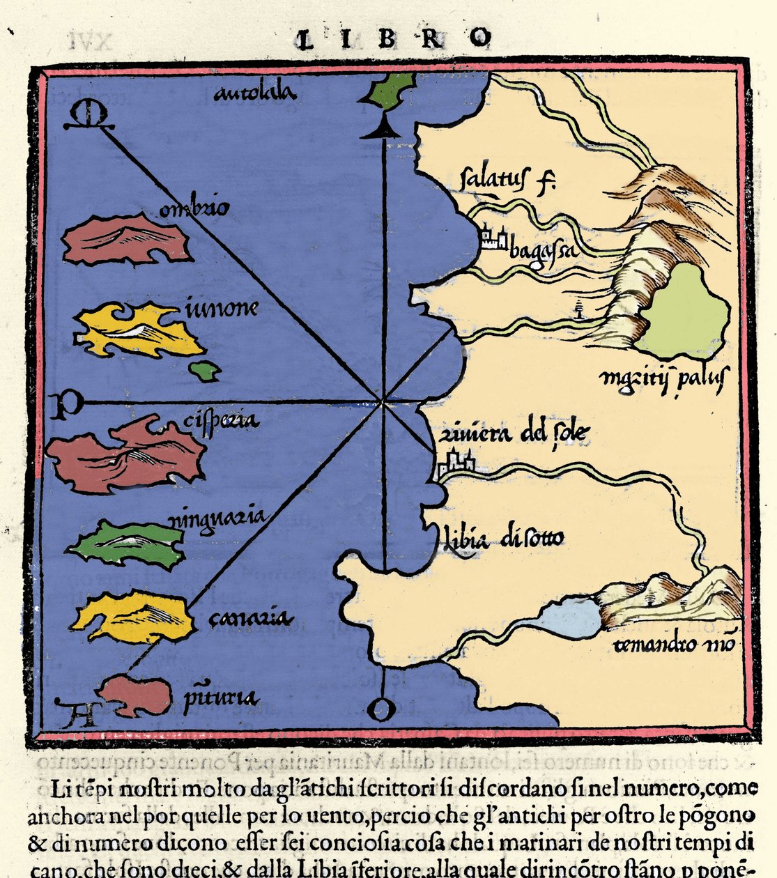カナリア諸島の表現。ベネデット・ボルドーネによるIsolario（島々の地図）。ベニス 1547年 作： イタリア語学校