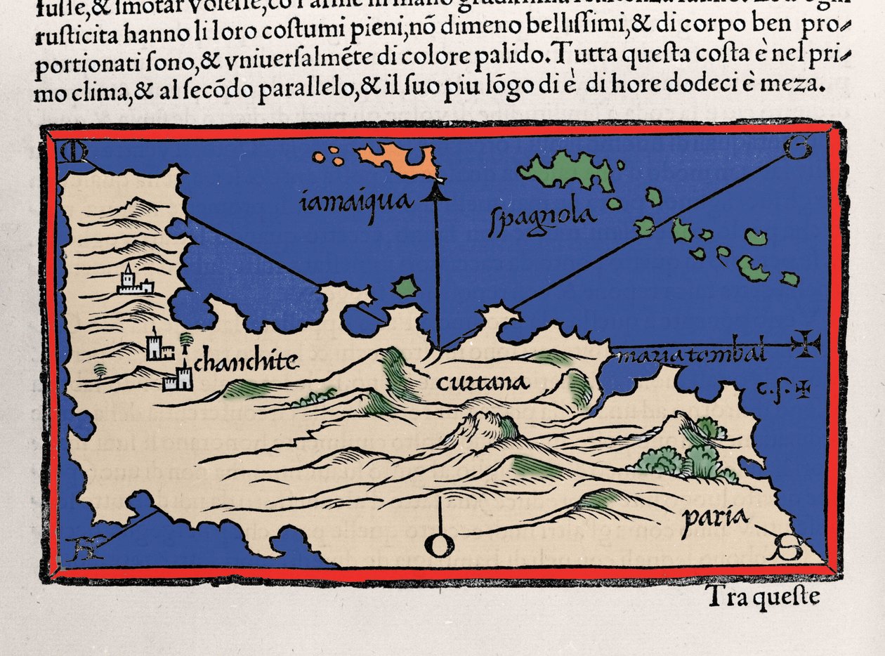 カリブ海の島々とベネズエラの海岸線を表現。ベネデット・ボルドーネ作「Isolario（島々の地図）」。ベニス 1547年 作： イタリア語学校