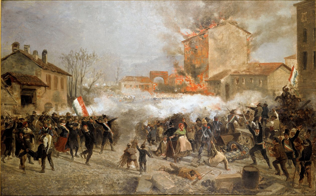 1848年の革命、ミラノの5日間：3月22日に反乱軍がトサ門を占拠（絵画 作： イタリア語学校