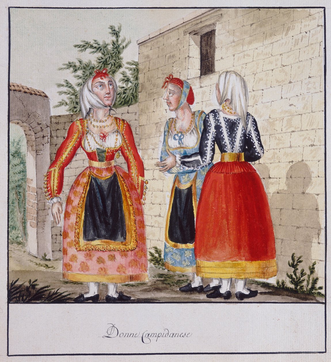 カンピダーノの衣装を着たサルデーニャの女性たち（ルッツェッティ・コレクション、プリント ms.258 作： イタリア語学校