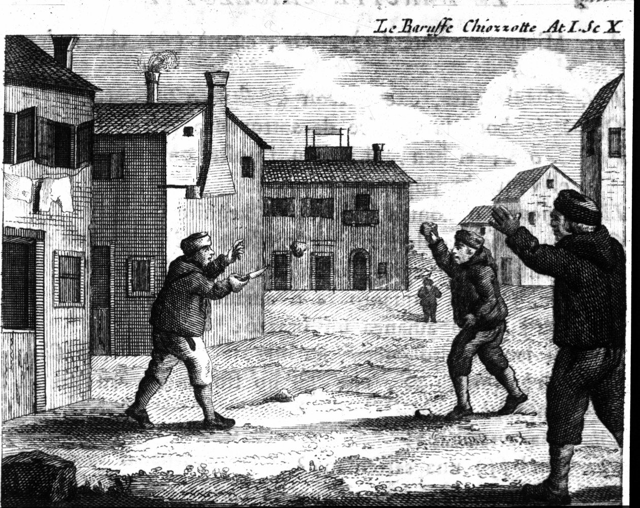カルロ・ゴルドーニ（1707-1793）の喜劇作品「Le baruffe chiozzotte（Baroufe a Chioggia）」（1762年）の第1幕第10場。18世紀のエングレーヴィング 作： イタリア語学校