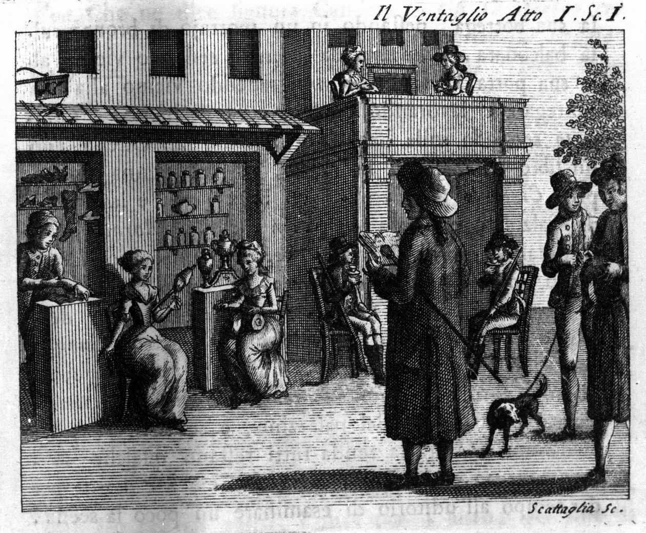 カルロ・ゴルドーニ（1707-1793）の喜劇作品「Il ventaglio」（1764年）の第1幕第1場。18世紀のエングレーヴィング 作： イタリア語学校