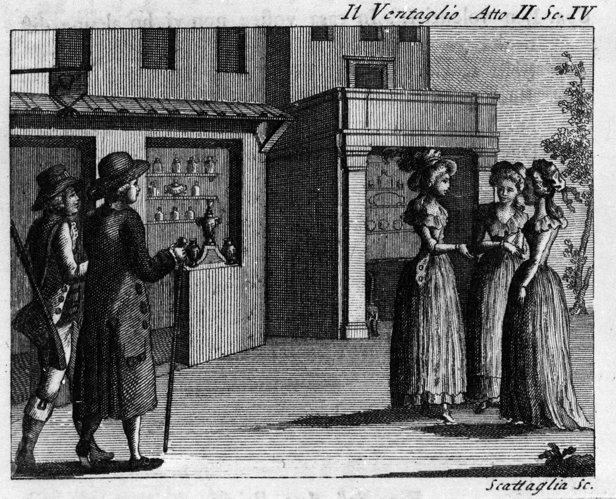 カルロ・ゴルドーニ（1707-1793）の喜劇作品「Il ventaglio」（1764年）の第2幕第4場。18世紀のエングレーヴィング 作： イタリア語学校