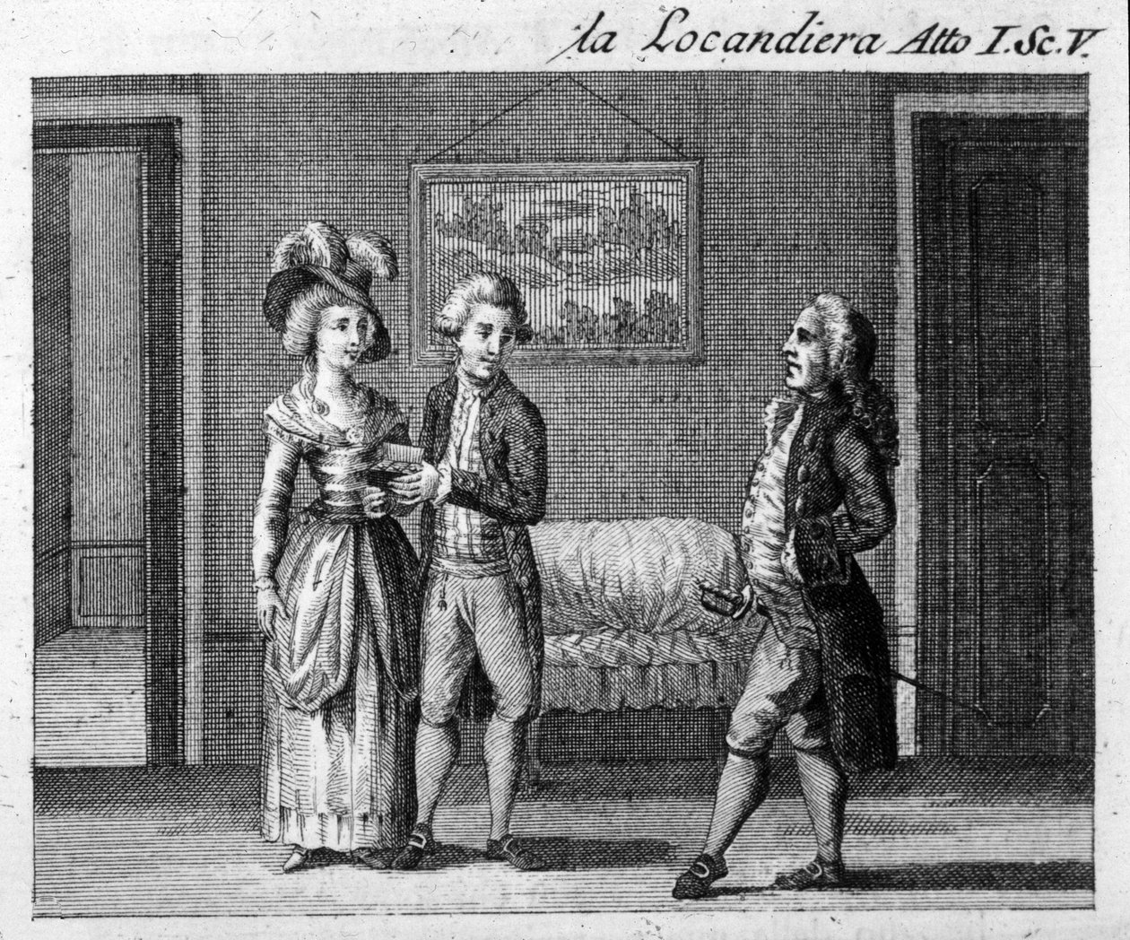 カルロ・ゴルドーニ（1707-1793）の作品「La locandiera」（1753年）の第1幕第5場。18世紀のエングレーヴィング 作： イタリア語学校