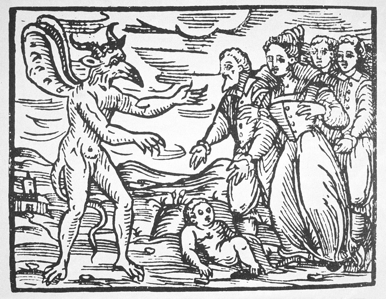 19世紀後半に出版された魔法の歴史に描かれた、M。グアッチウス神父（1608）のマレティカルム大要から、悪魔に子供を紹介する魔術師 作： イタリア語学校