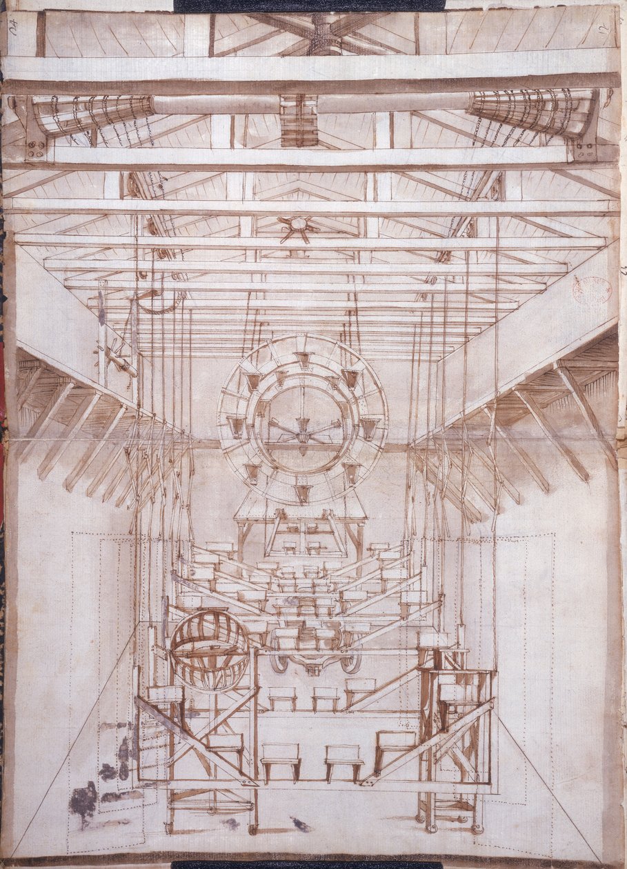 1675年、ヴェネツィアのサンサルヴァトーレ劇場のオペラの舞台装置（紙にペンとインクで洗う） 作： イタリア語学校