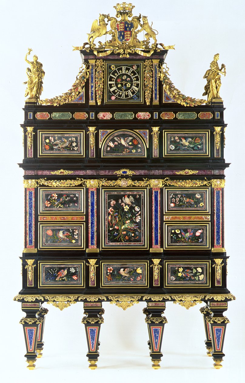 バドミントンキャビネット、c.1720-32（ピエトラデュラ、エボニー、オルモル） 作： イタリア語学校