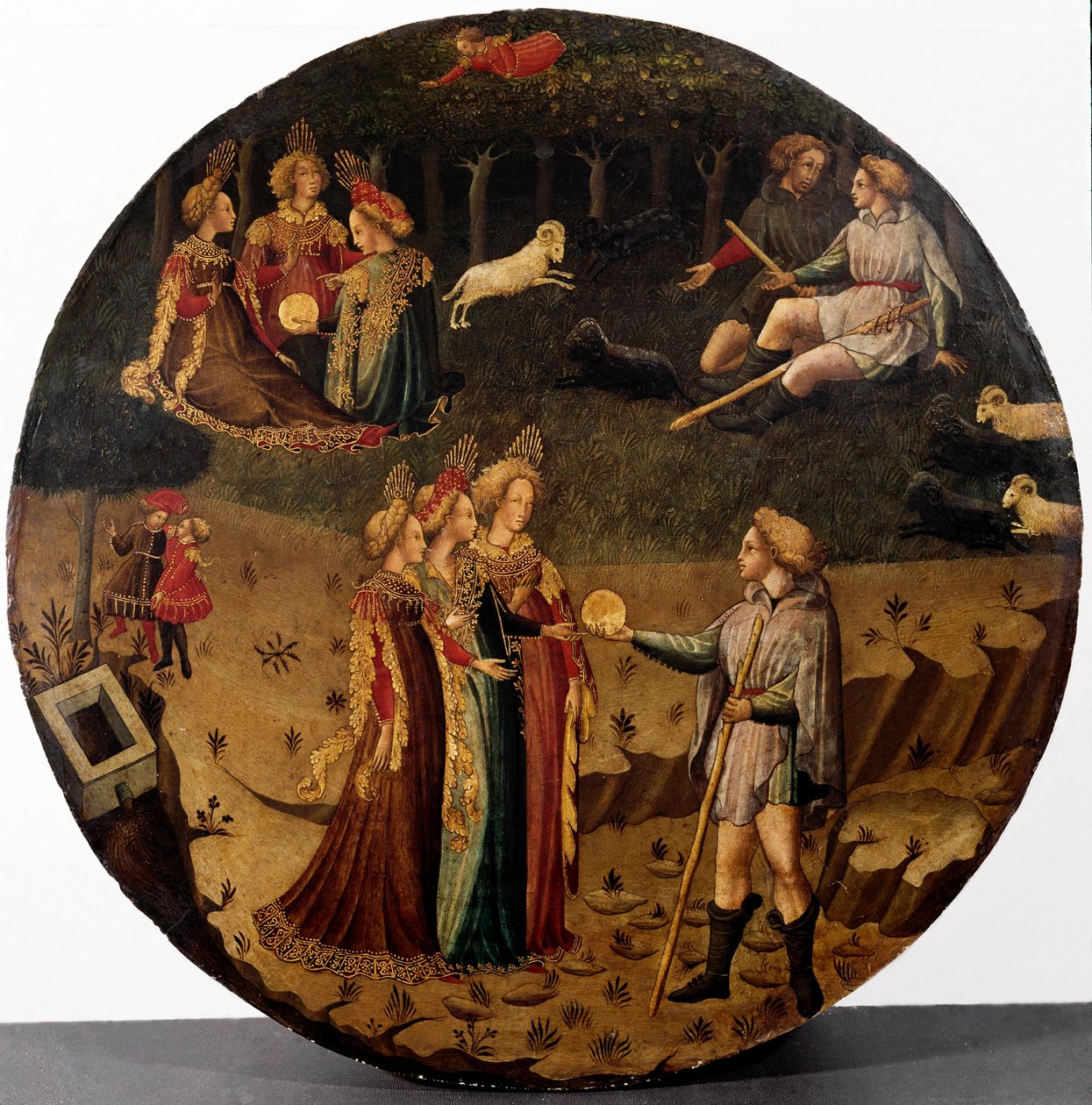 Das Urteil des Paris. Der Hirte Paris muss entscheiden, wem er den goldenen Apfel geben wird, um die schönste der drei Göttinnen, Athena, Aphrodite oder Hera, zu bestimmen. Gemälde der italienischen Schule des 15. Jahrhunderts, Florenz, Museo Nazionale del von Italian School