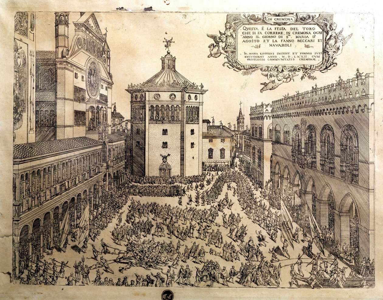 イタリアのクレモネ（クレモナ）の大広場にある牡牛座の祝宴。16世紀のクレモナのエングレービング、イタリア市民博物館 作： イタリア語学校