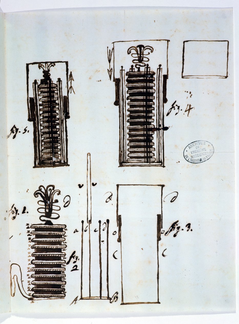 Voltaicパイル（バッテリー）。アレクサンドロボルタ（1745-1827）の手紙からDieudonne Dolomieu（1750-1801）への電気めっき、1801（紙にペンとインク） 作： イタリア語学校