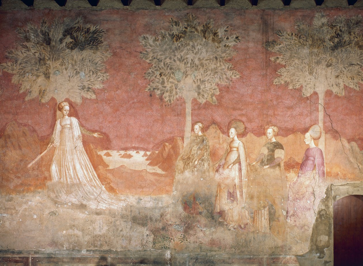 ボール ゲーム、ゲーム サイクルのシーン、1445 ～ 1450 年頃、フレスコ画、パラッツォ ボロメオ、ミラノ、ロンバルディア州、イタリア 作： イタリア語学校