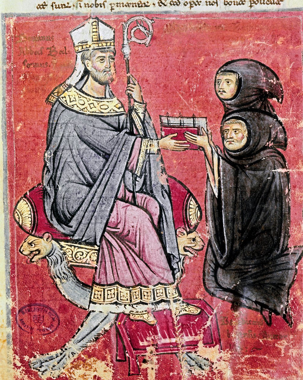 Der Mönch Benedetto da Bari übergibt dem Abt Balsamo sein Kodex De Septem Sigillis von Italian School