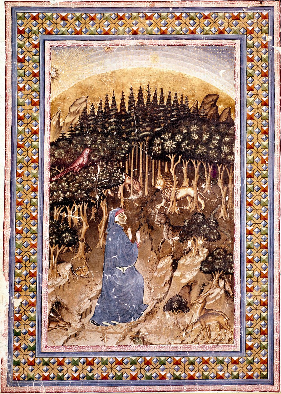 詩人ダンテは暗い森の中に身を置く。ダンテ・アリギエリ(1265-1321)の『神曲』より、地獄の第一歌を描いたページの拡大図。写本Ms.Conv.Soppr.204 作： イタリア語学校