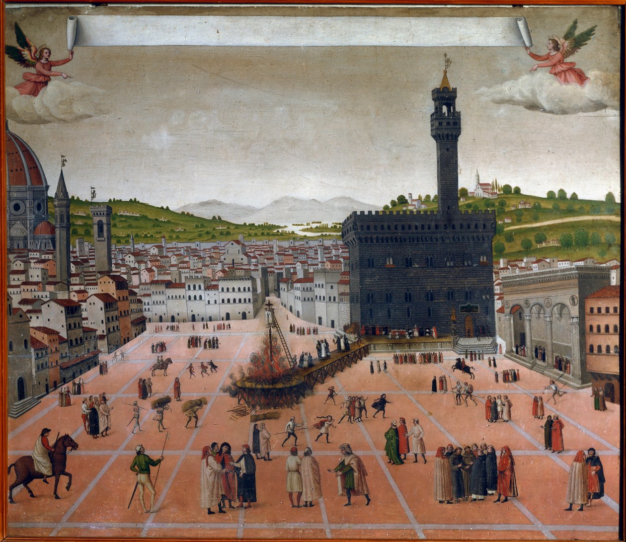 1498年、フィレンツェのシニョリーア広場にあるジローラモ・サヴォナローラの火葬場（絵画） 作： イタリア語学校