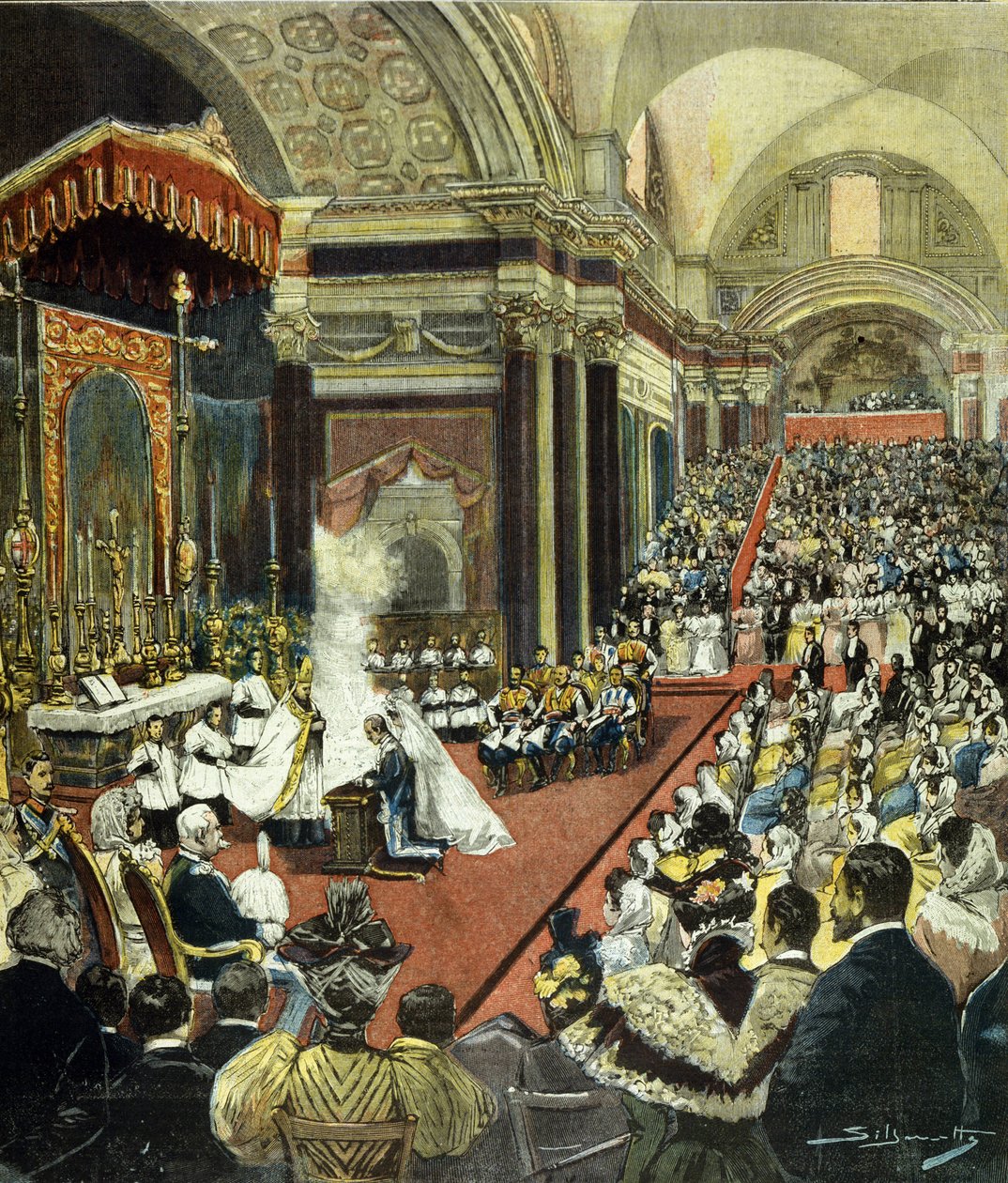 1896年にローマのサンタ・マリア・デッリ・アンジェリ教会で行われた、ヴィクトル・エマニュエル3世（Victor-Emmanuel）（Vittorio Emanuele）とモンテネグロのヘレネ王女となる者の宗教的結婚。 作： イタリア語学校