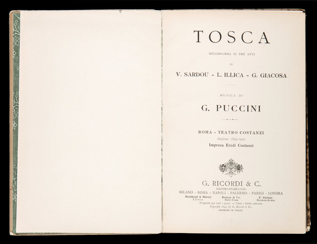 ジャコモ・プッチーニ作「トスカ」のLibretto（タイトルページ）、Edizione Ricordi、イタリア 作： イタリア語学校