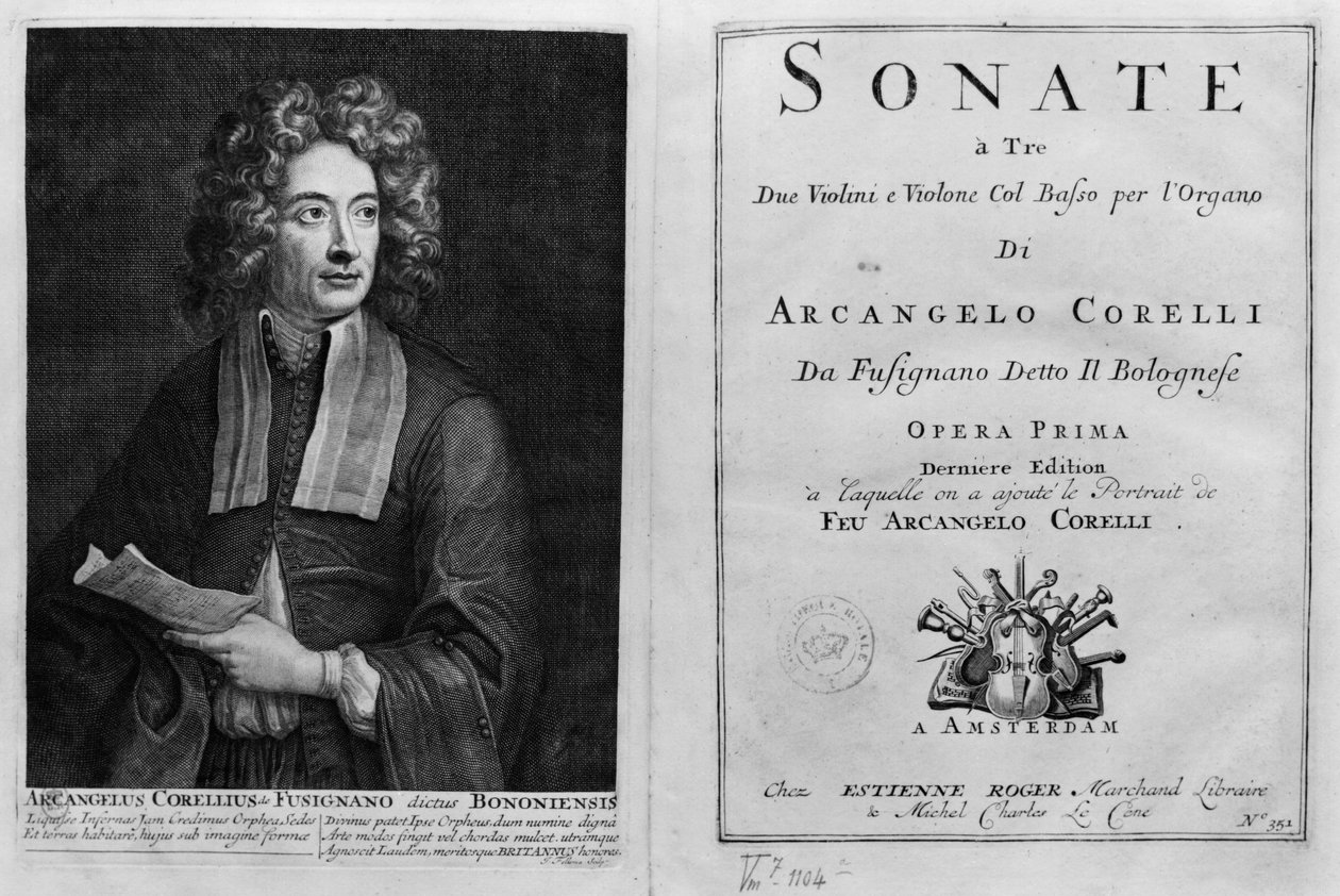 Arcangelo Corelli（1653-1713）のポートレートを含むSonate a Treのタイトルページ 作： イタリア語学校