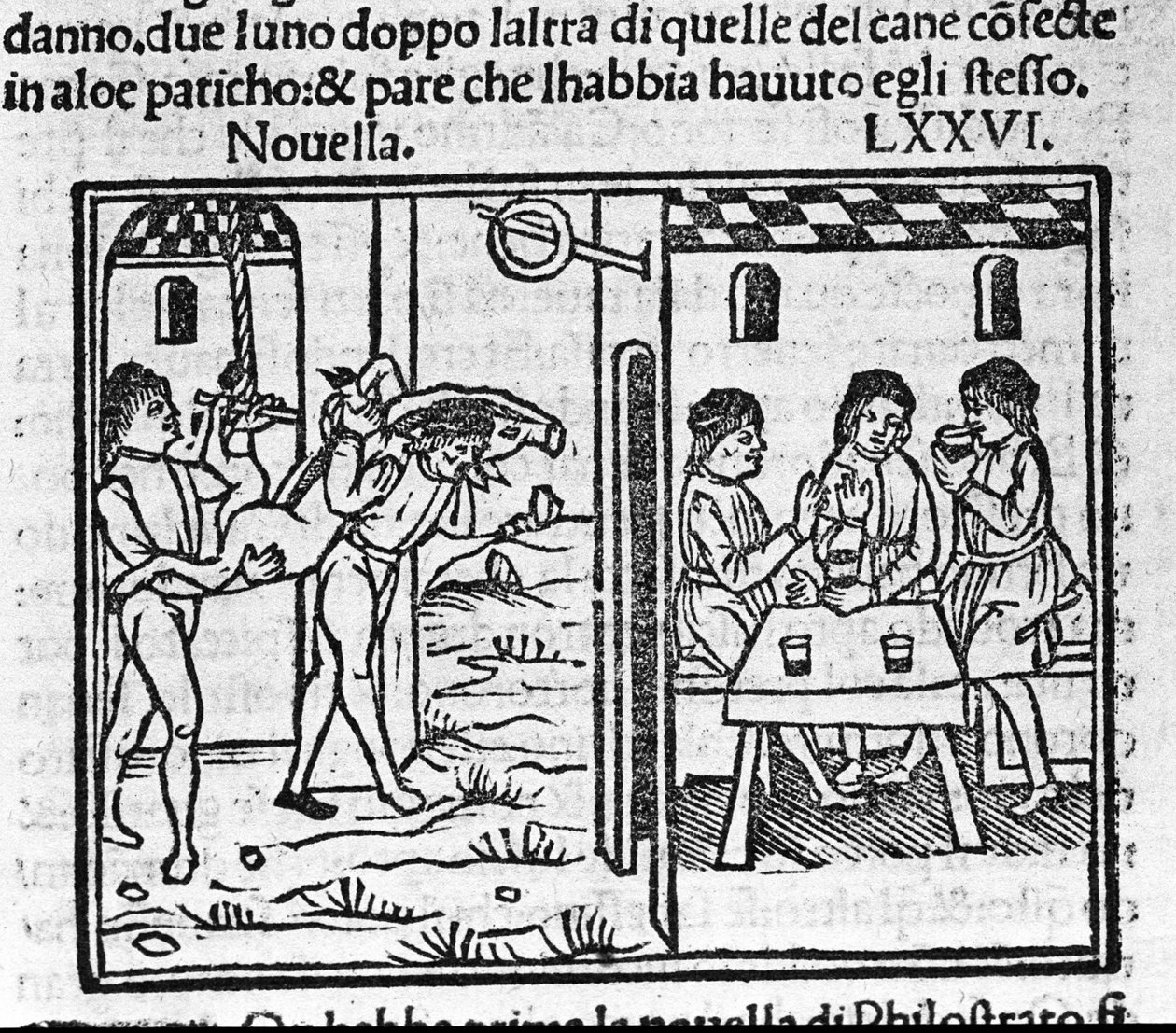 豚を肩に乗せて運ぶ二人の男。イタリアの作家、Giovanni Boccaccio dit Jean Boccaccio (1313-1375)の「デカメロン」のニュース76（8日目の新6）の挿絵。ヴェネツィア、バルトロメオ・デの『デカメロン』のエングレーヴィング。 作： イタリア語学校