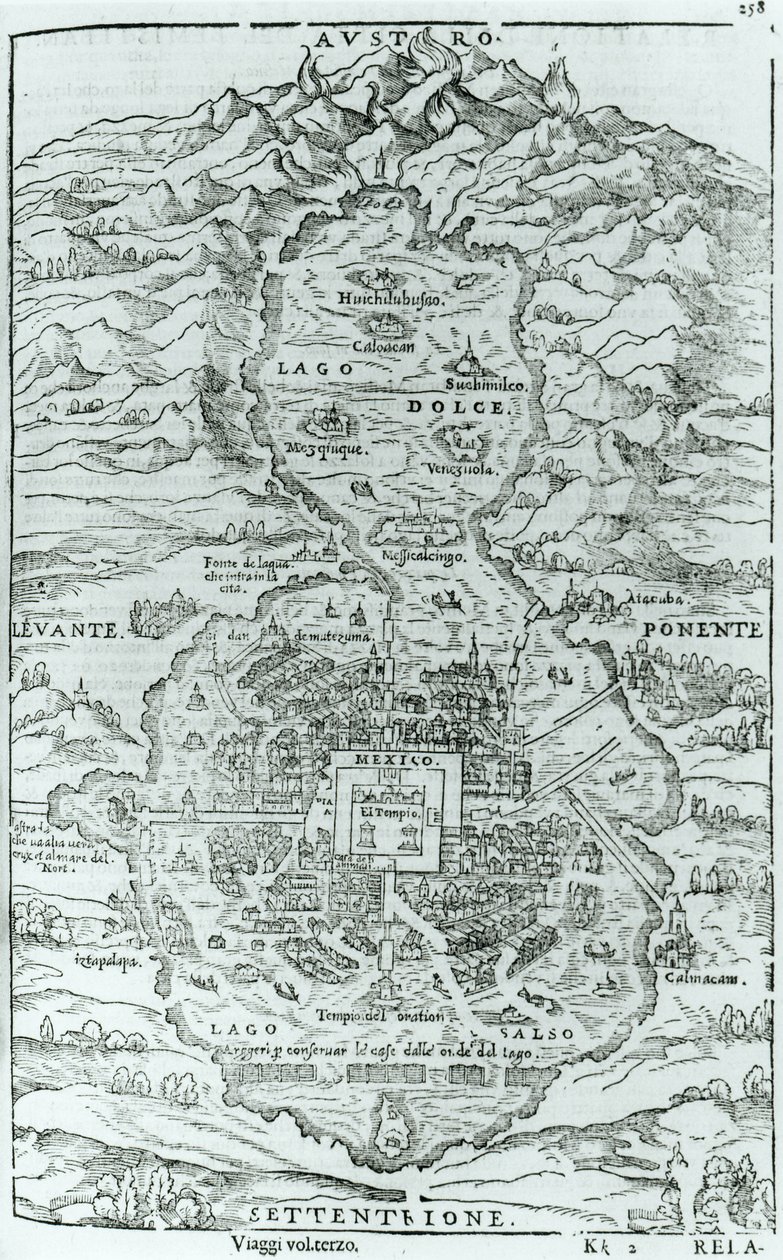 ヴェネツィア1606年に出版されたGiovanni Battista Ramusio（1485-1557）によるRelatione della Citta del Temistitanからのアステカの都市テノチティトランの北からの眺め 作： イタリア語学校