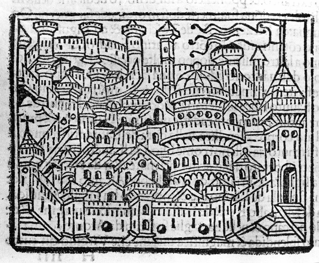 イタリアのアオスタの街の風景。ヴェネツィア、フラ・ヤコポ・フィリッポ・フォレスティの「Supplemento alle cronache」に描かれた版画 作： イタリア語学校