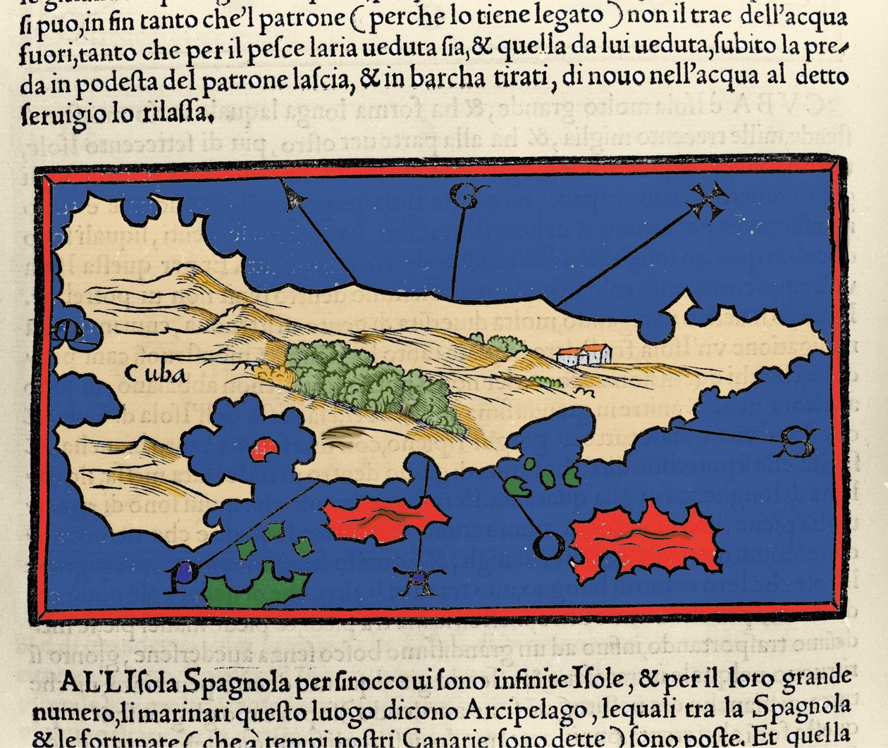 キューバ島の眺め。ベネデット・ボルドーネのIsolario（島々の地図）。ベニス 1547年 作： イタリア語学校